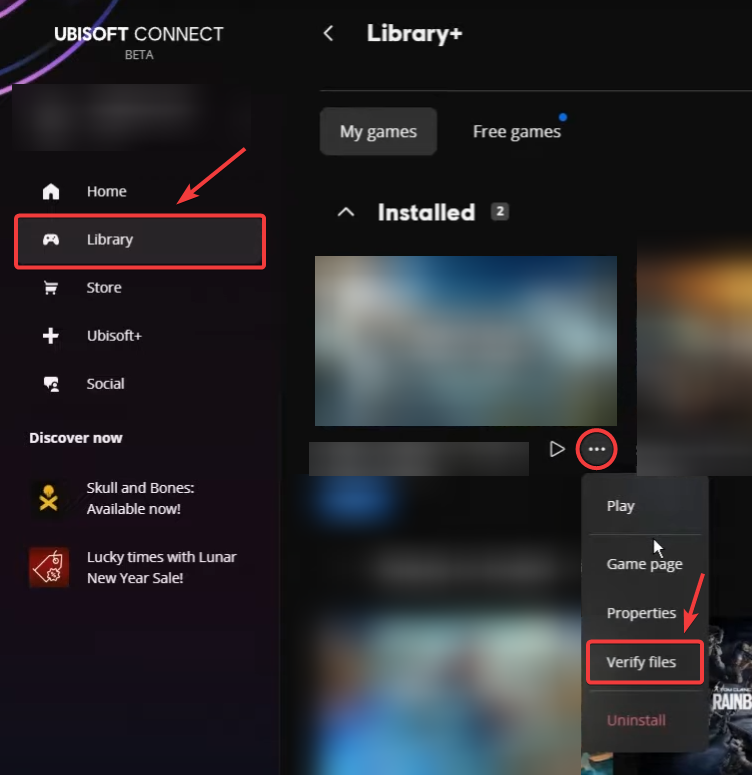 خيار التحقق من الملفات في Ubisoft Connect للعبة Rainbow Six Siege