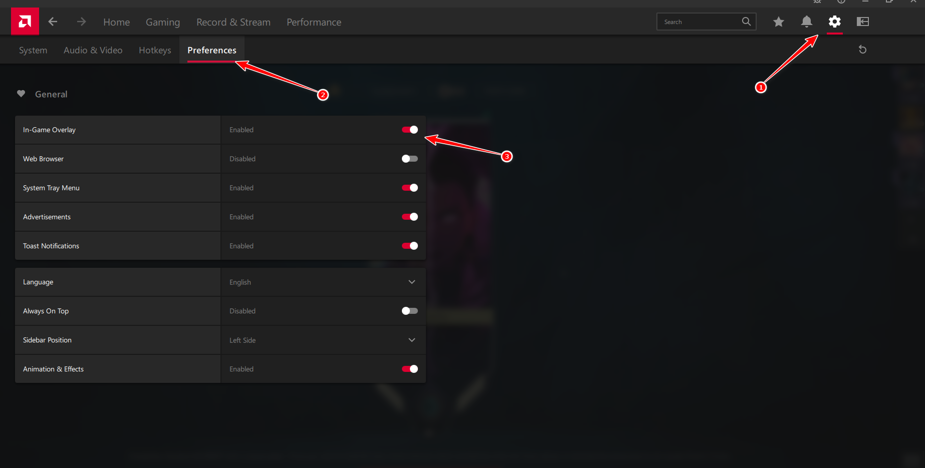 AMD Adrenalin Preferences showing In-Game Overlay toggle