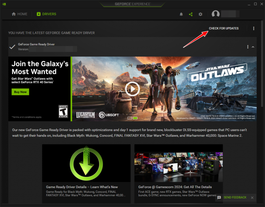 التحقق من تحديثات برنامج تشغيل GPU