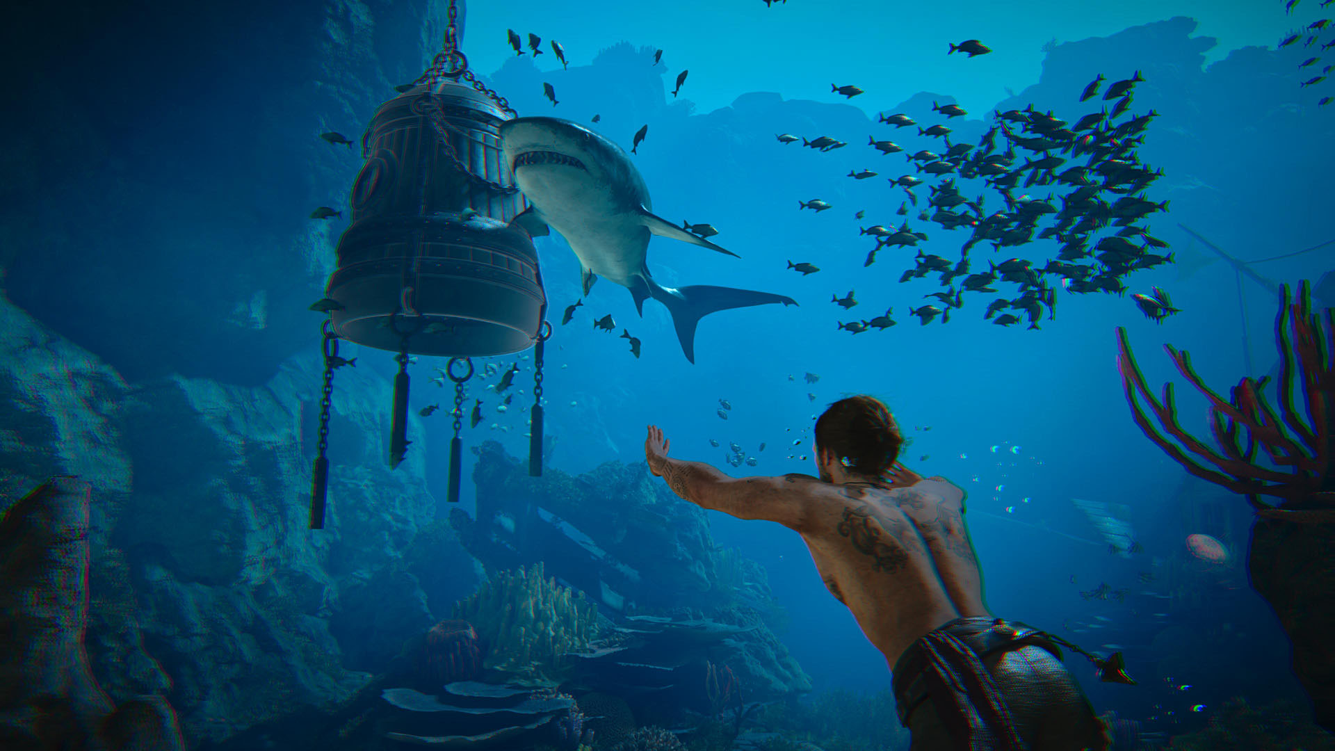 السباحة نحو جرس الغوص في Assassin's Creed Black Flag Resynced بينما تسبح أسماك القرش والأسماك الأخرى بالجوار