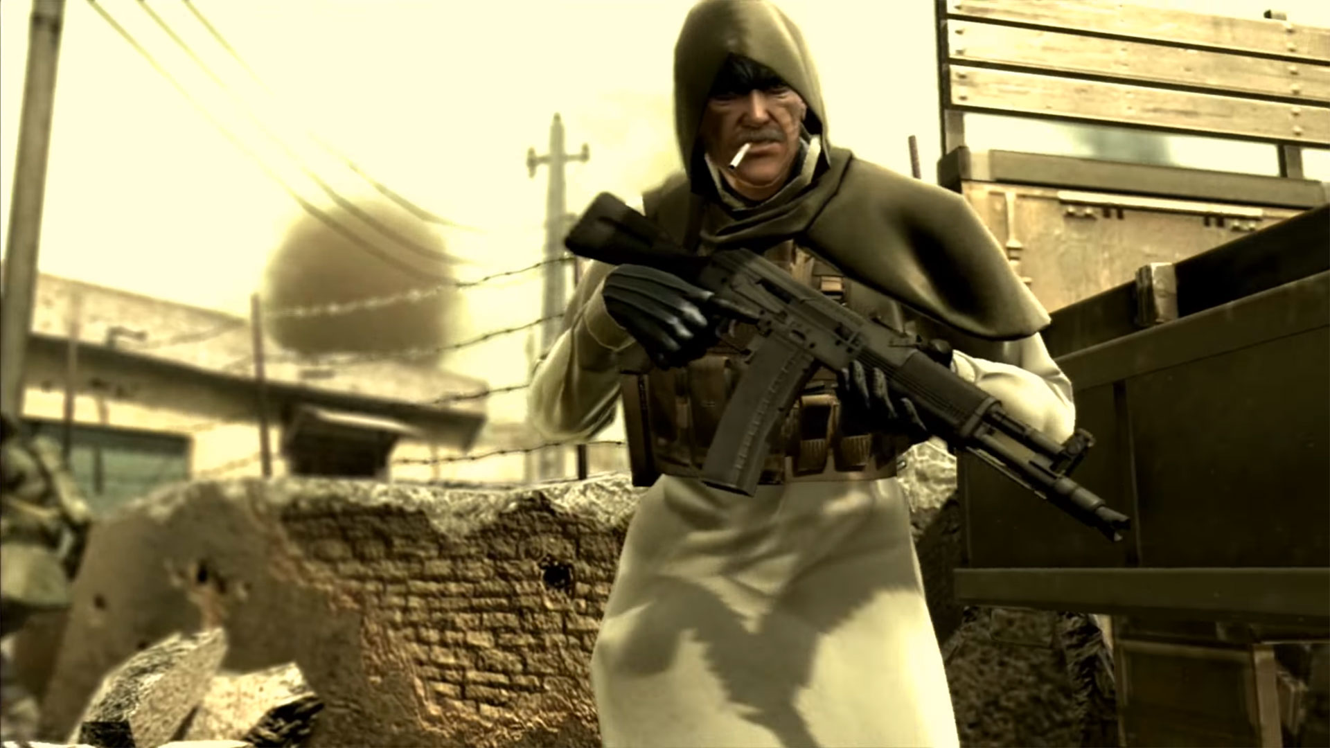 Old Snake يحمل مسدسًا في شارع ضمن الفصل الأول من Metal Gear Solid 4: Liquid Sun