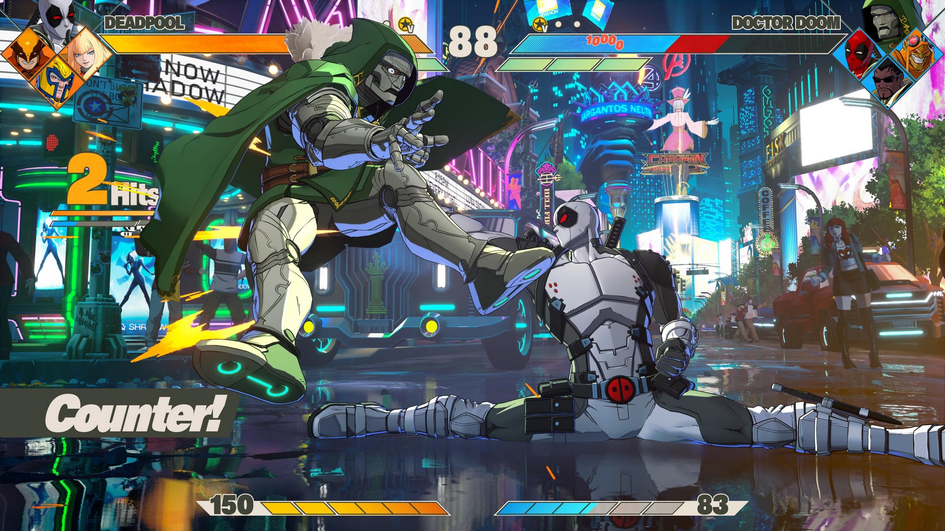 ديدبول يلكم دكتور دوم في مناطقه السفلية في Marvel Tokon: Fighting Souls، في مرحلة ليلية بمدينة نيويورك
