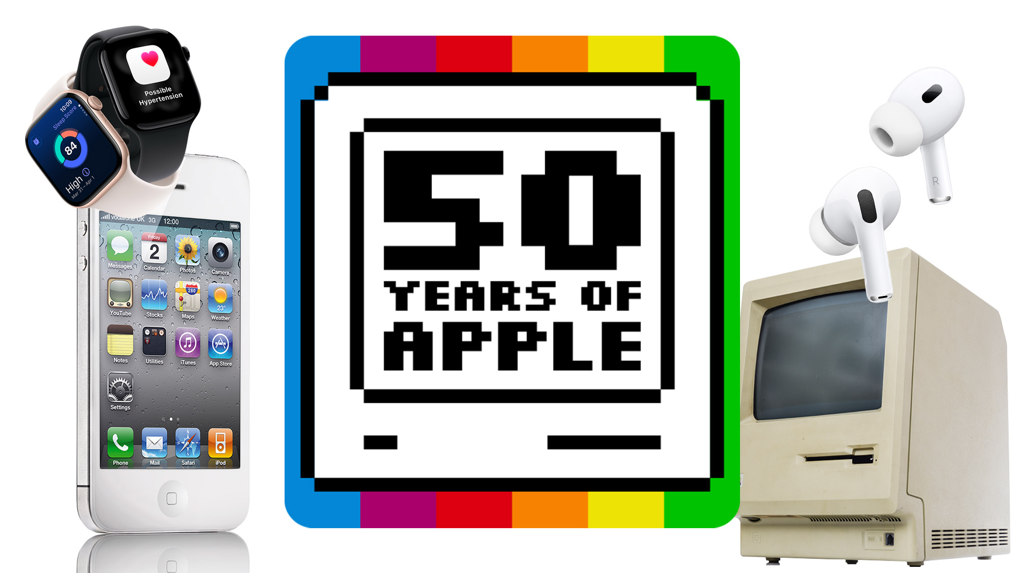 ساعة Apple Watch، iPhone، Macintosh 128k، وAirPods Pro على خلفية بيضاء، مرتبة حول شعار يحمل نصًا يقول '50 عامًا من Apple' على صورة نقطية لجهاز كمبيوتر، أمام خطوط قوس قزح عمودية.