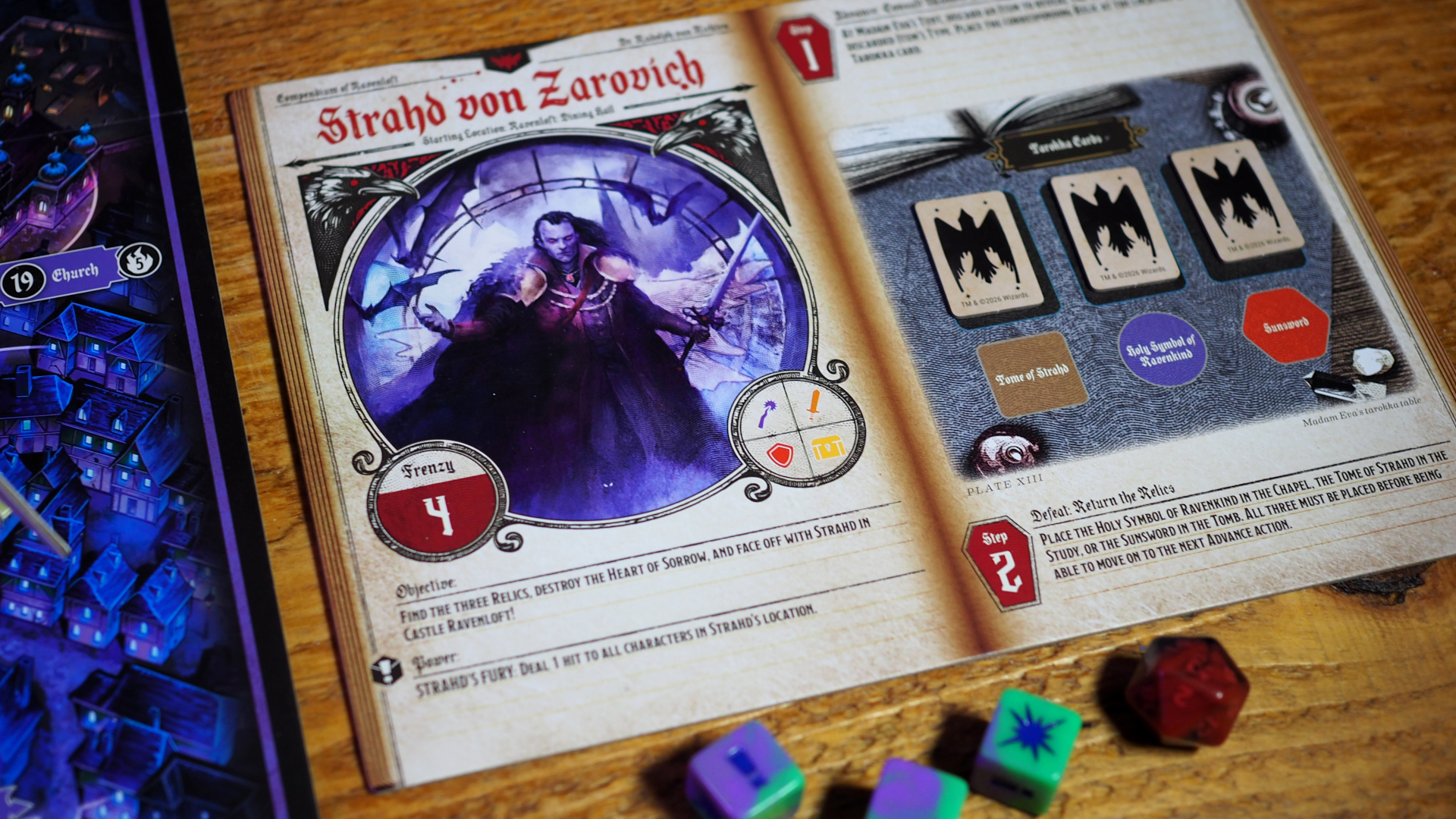 بطاقة وحش Strahd von Zarovich على سطح خشبي، مع ظهور النرد تحته
