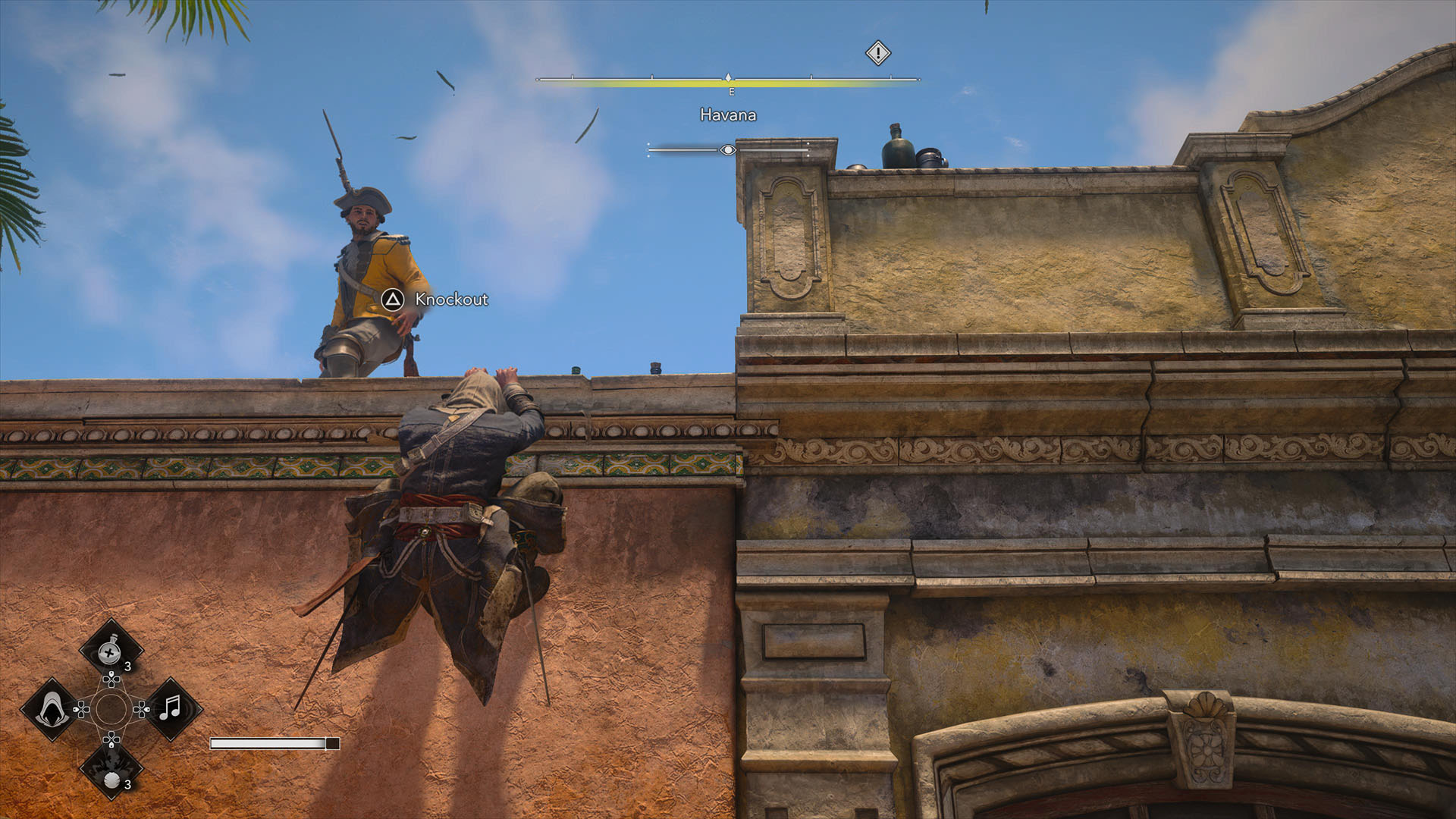 Edward يستعد لقتل حارس من حافة السطح برميه من فوق أحد أسطح هافانا، في لعبة Assassin's Creed Black Flag Resynced