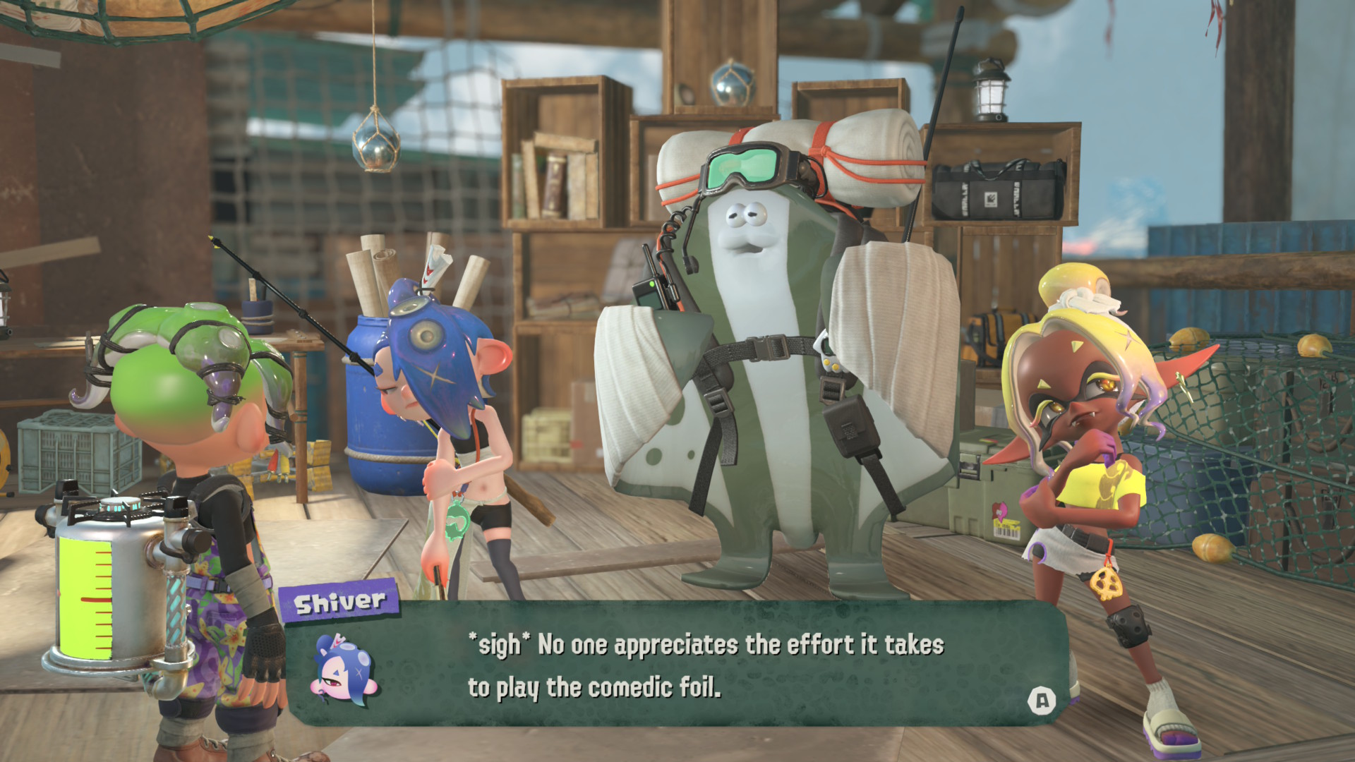 الحديث مع الفرقة في مخبأ Splatoon Raiders، بينما تتنهد Shiver بأن لا أحد يفهم ما يتطلبه الأمر لتكون شخصية كوميدية مساعدة