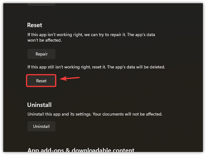 لقطة شاشة تعرض خيار إعادة التعيين (Reset) لـ Microsoft Store.