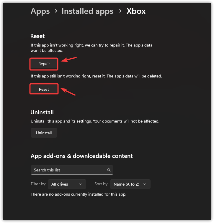 لقطة شاشة توضح خيار إعادة تعيين (Reset) تطبيق Xbox