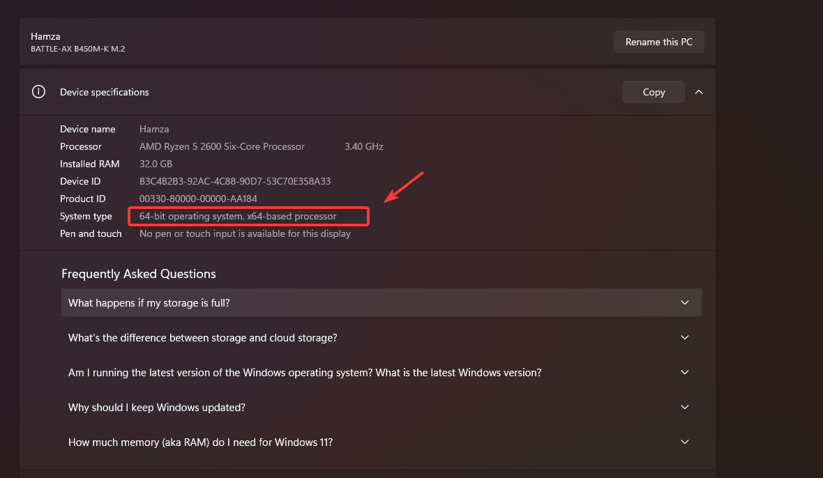 لقطة شاشة توضح كيفية التحقق من نوع نظام التشغيل (32-bit أو 64-bit) في إعدادات Windows.
