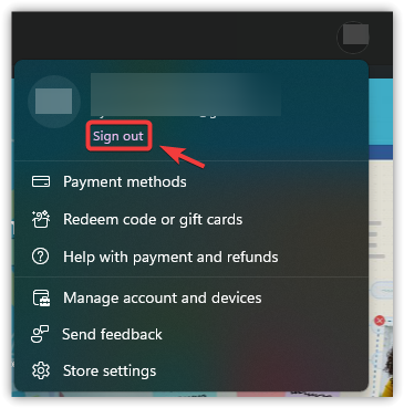 لقطة شاشة تظهر أيقونة الملف الشخصي وخيار Sign out في Microsoft Store