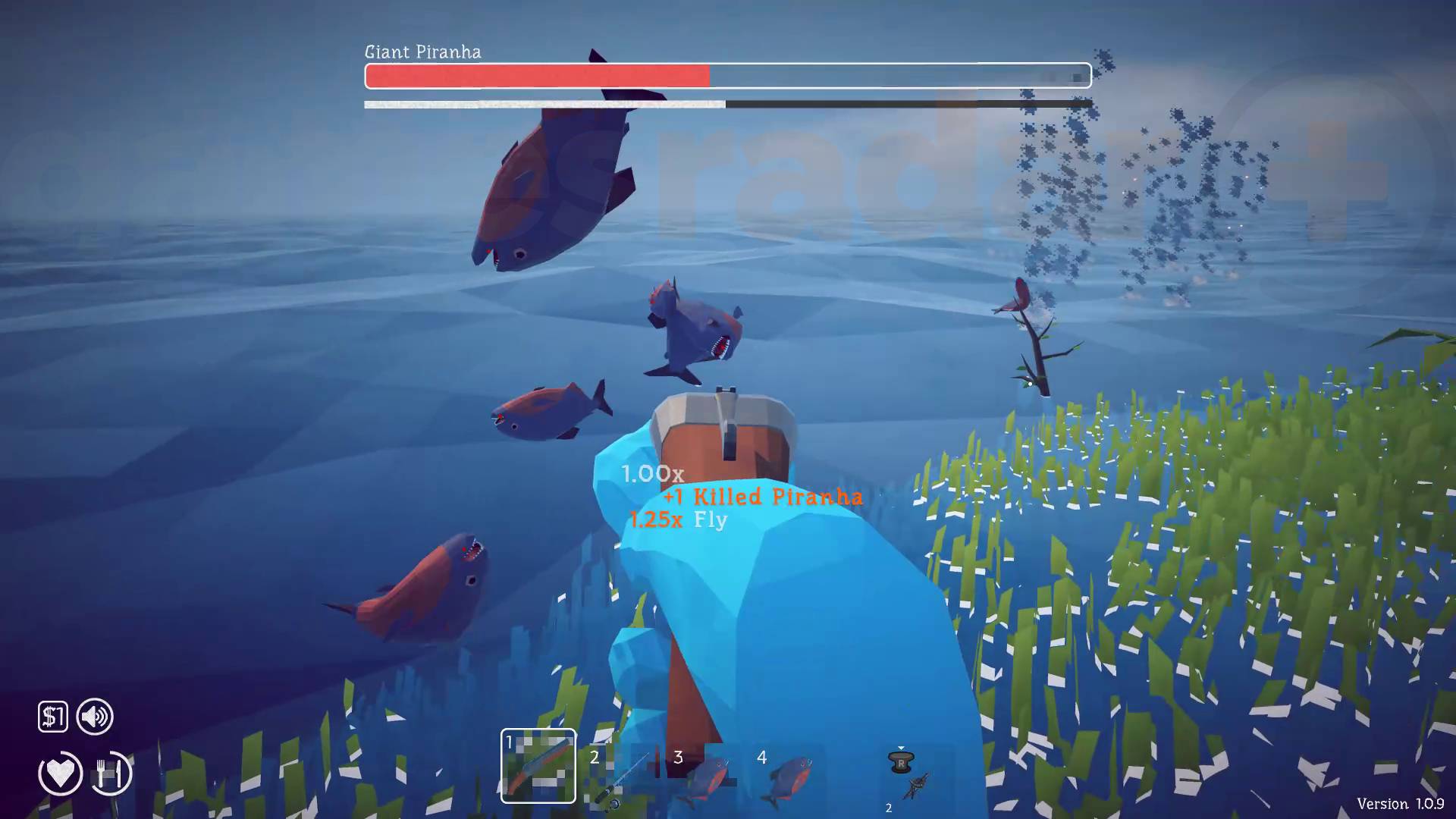 زعيم البيرانا العملاقة في لعبة How to Fish تهاجمها أسماك بيرانا صغيرة