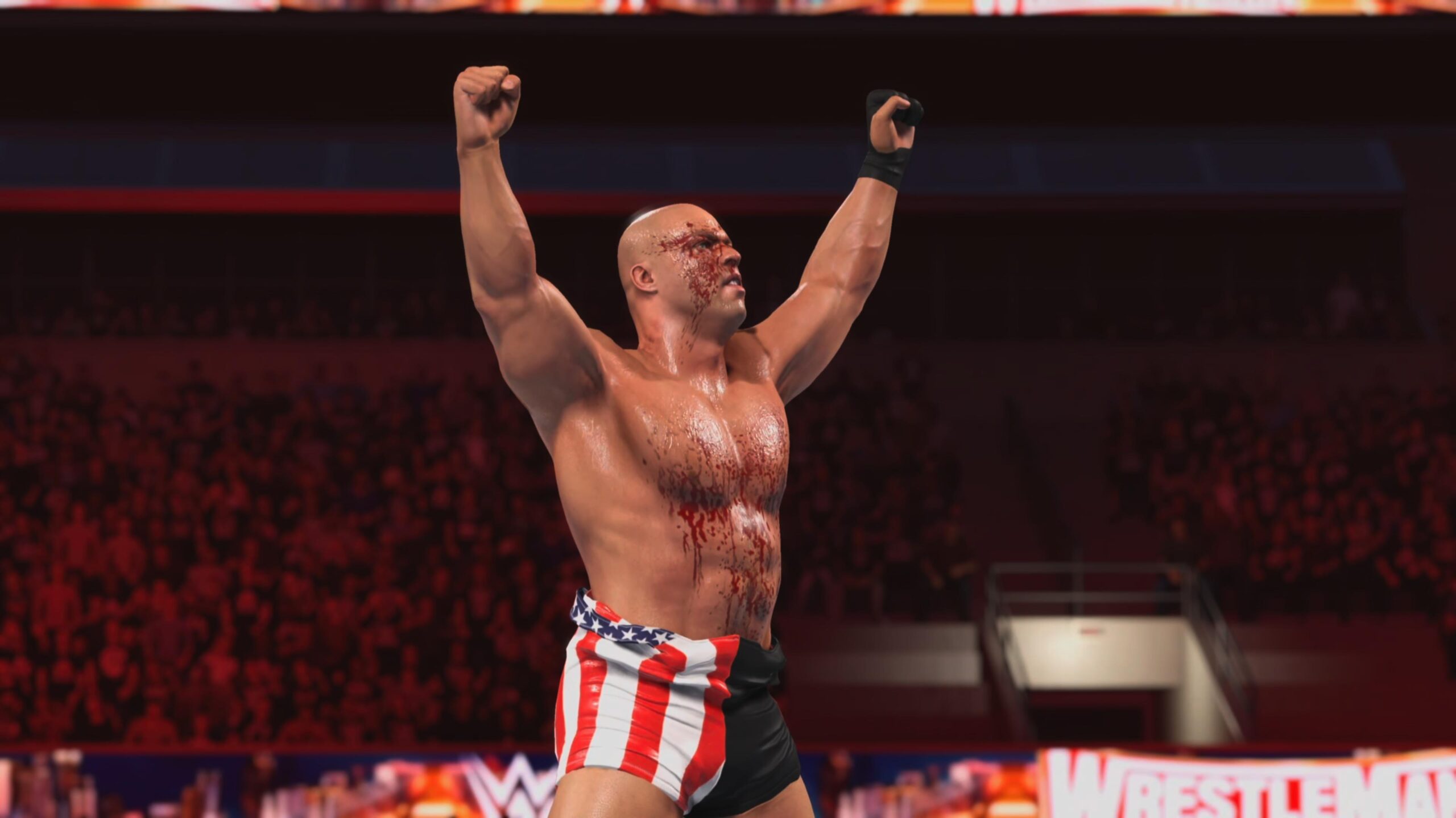 لقطات من داخل لعبة المصارعة WWE 2K26، تظهر المصارعين داخل الحلبة، أثناء دخولهم، والساحة.