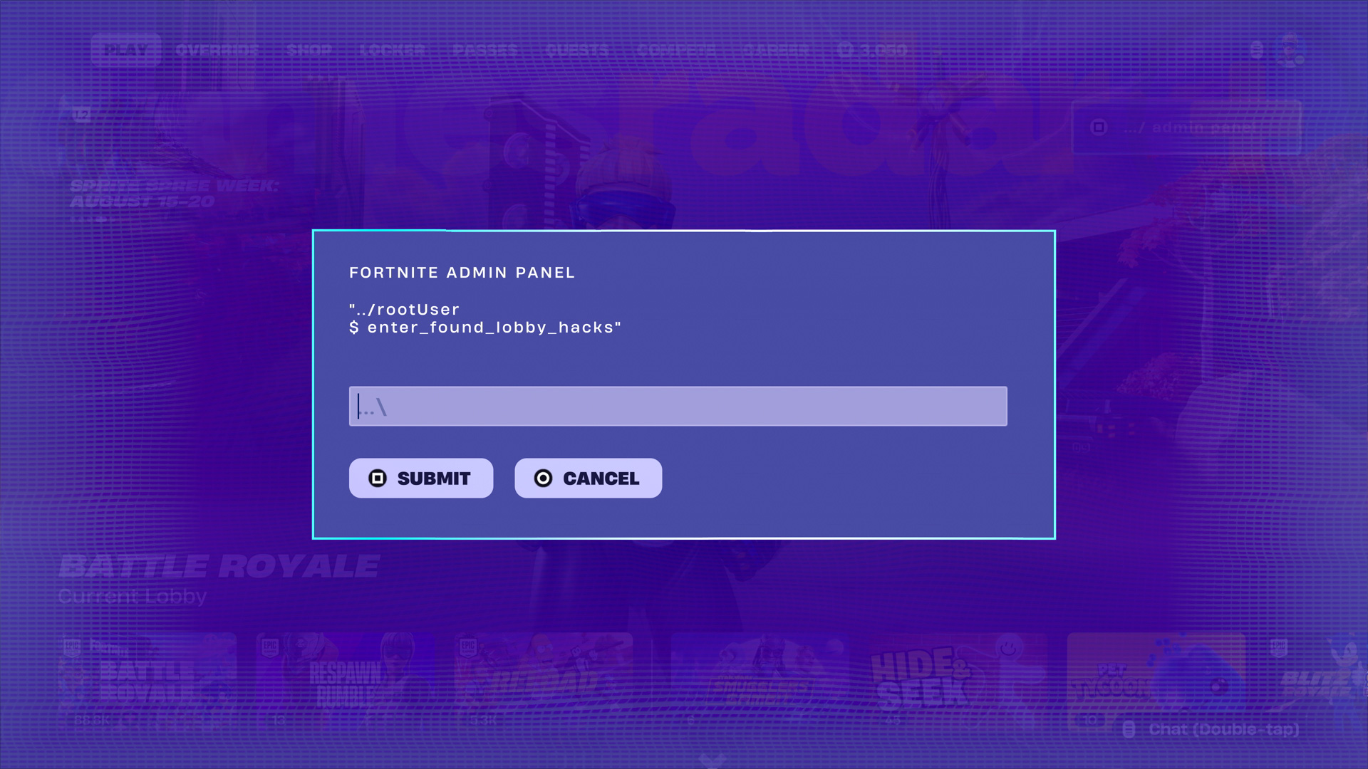 لوحة تحكم Fortnite المستخدمة لاستبدال أكواد Lobby Hack