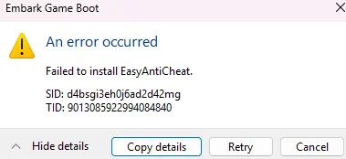 رسالة خطأ فشل تثبيت EasyAntiCheat
