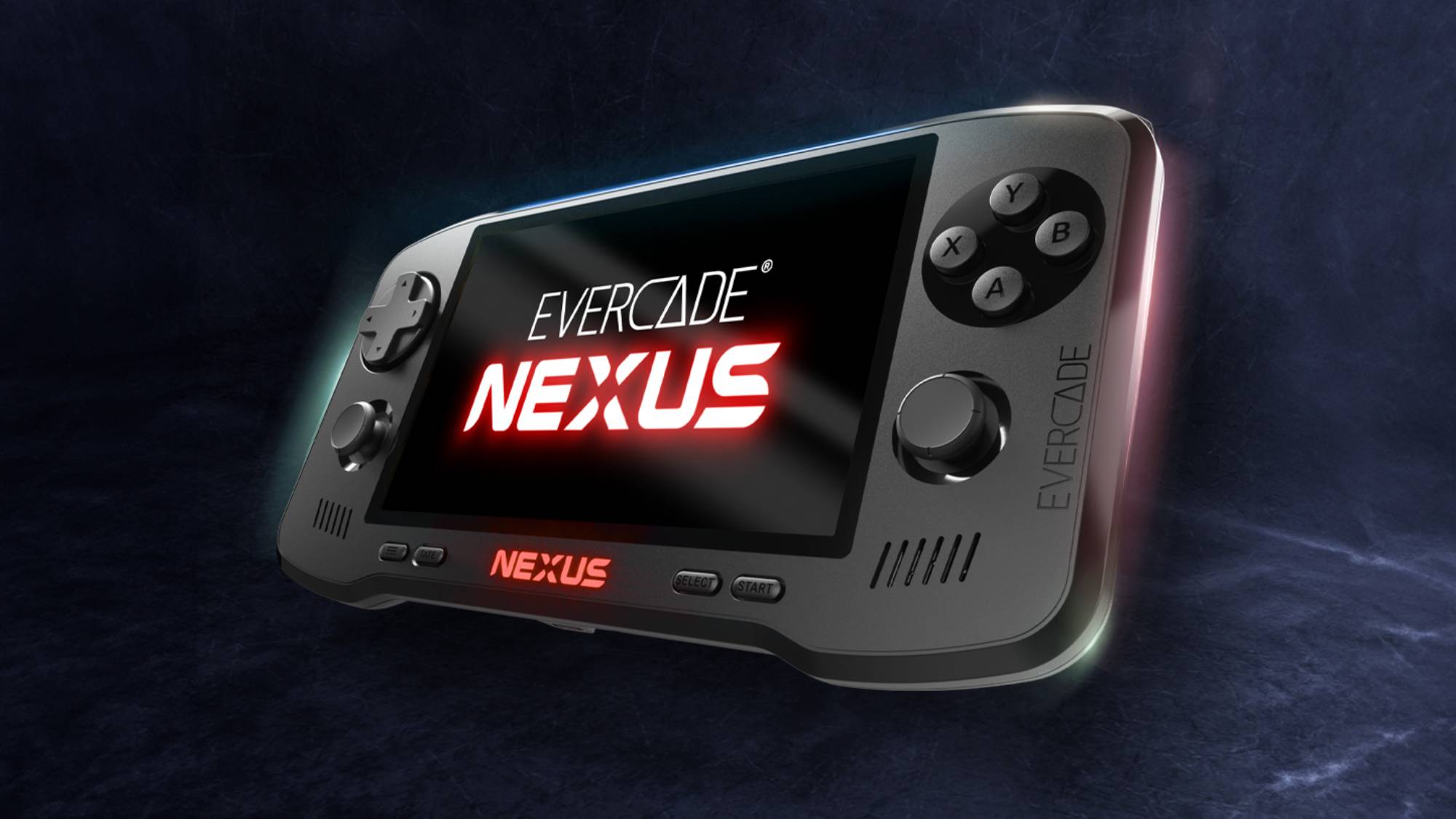 جهاز Evercade Nexus المحمول على خلفية رمادية
