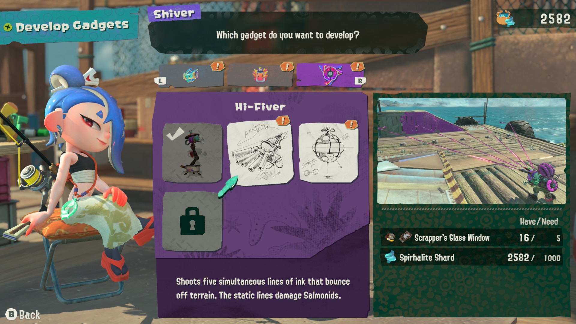 لقطة شاشة تُظهر بعض الأدوات القابلة للتجهيز في Splatoon Raiders