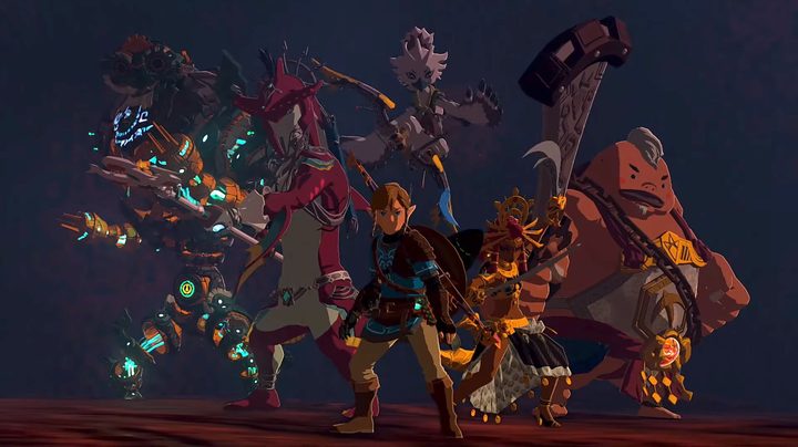 لينك مع مينيرو، تولين، يونوبو، سيدون، وريجو في الأعماق بلعبة The Legend of Zelda Tears of the Kingdom.