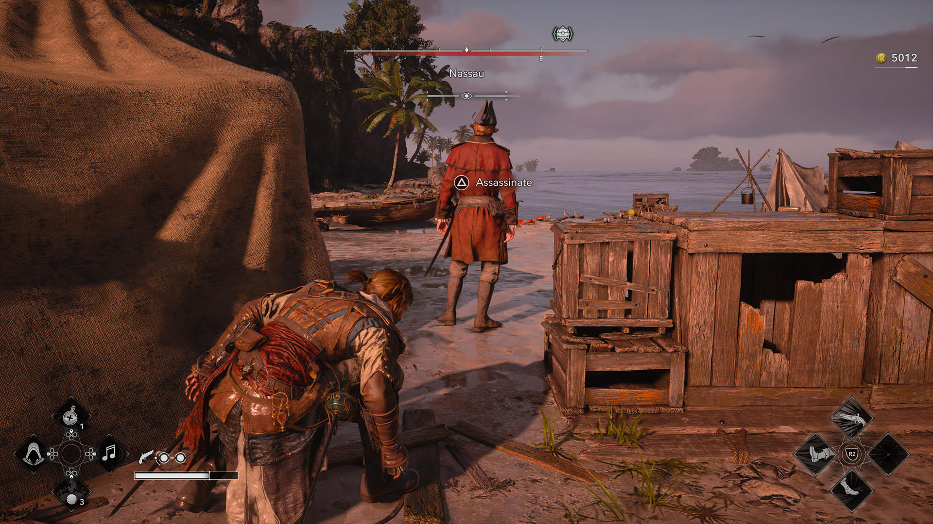 إدوارد يتسلل خلف حارس، مستعدًا للاغتيال في Assassin's Creed Black Flag Resynced