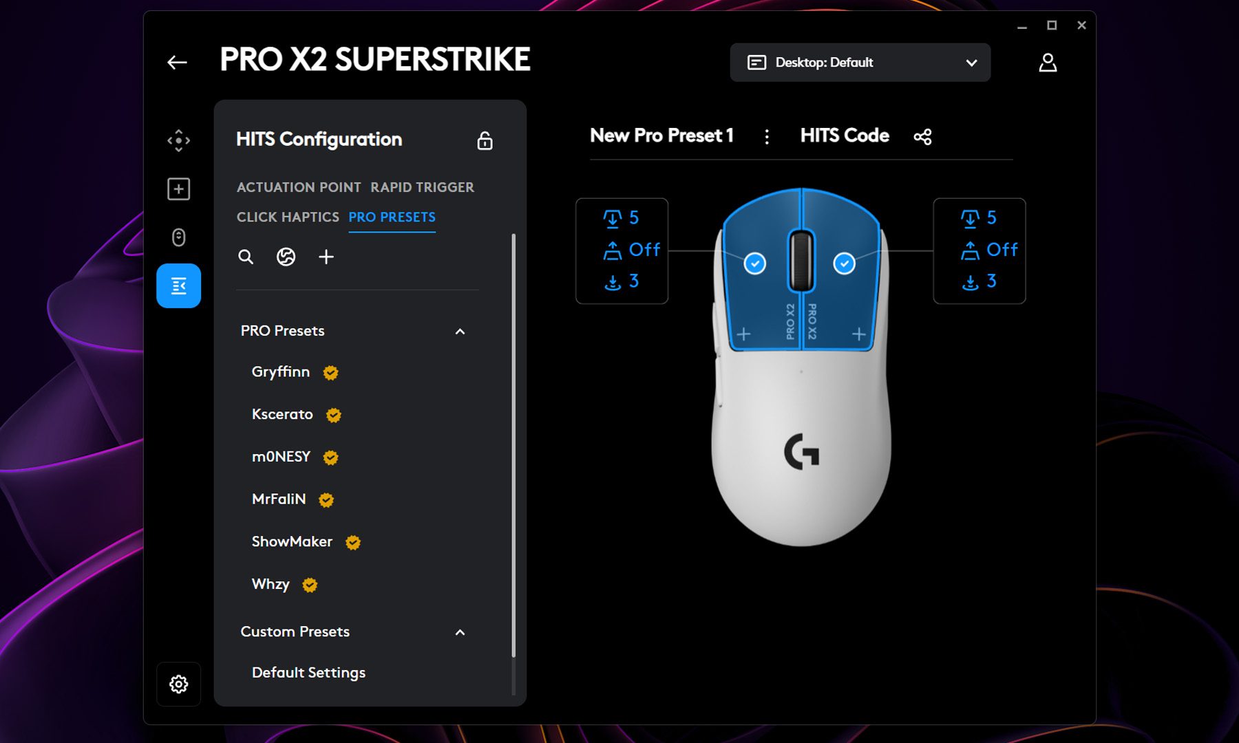 إعدادات HITS المسبقة في Logitech PRO X2 SUPERSTRIKE