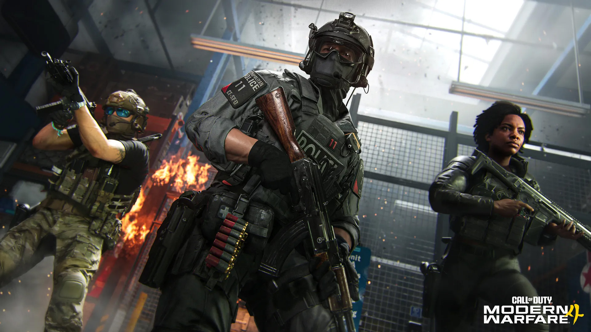 لقطة حركة من بيتا Modern Warfare 4 تُظهر ثلاثة مقاتلين مستعدين للمعركة.
