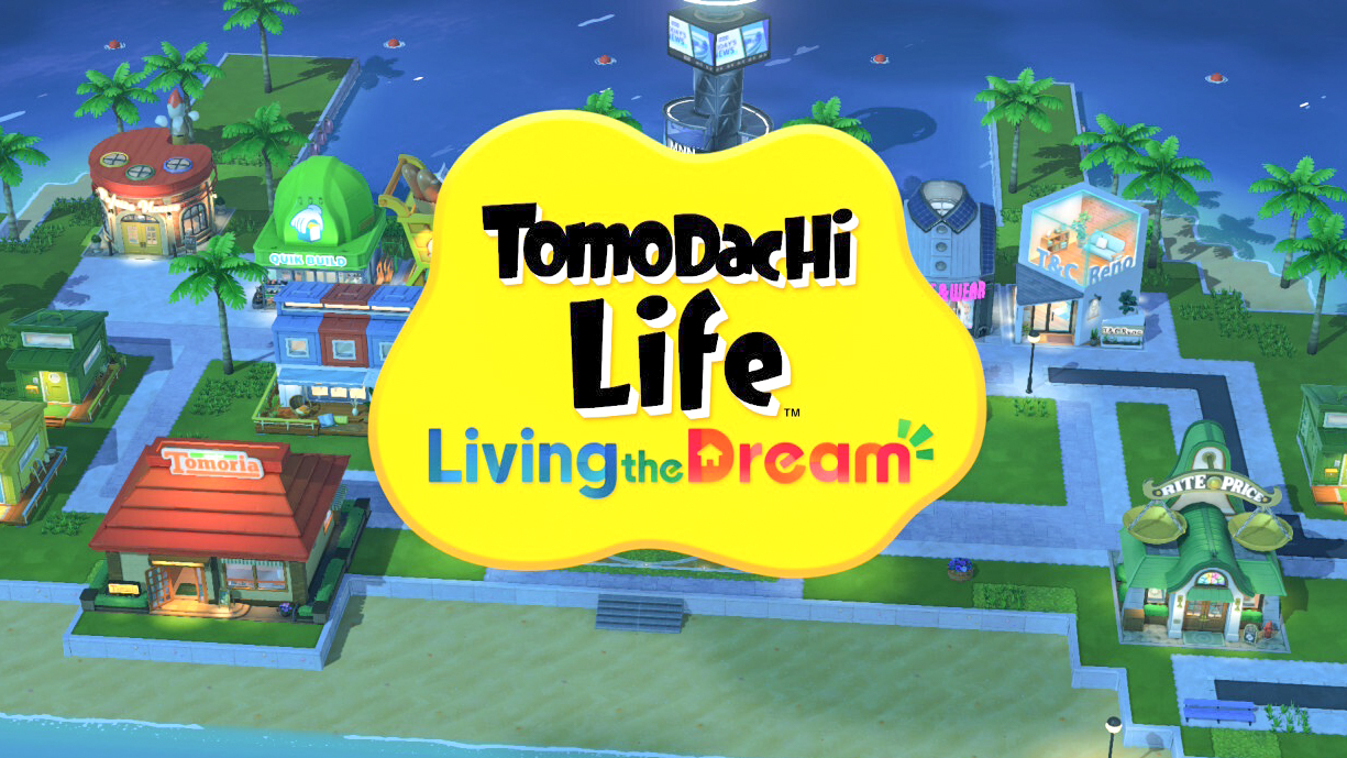 لقطة شاشة من Tomodachi Life: Living the Dream تظهر اسم اللعبة وجزيرة مخصصة خلفها