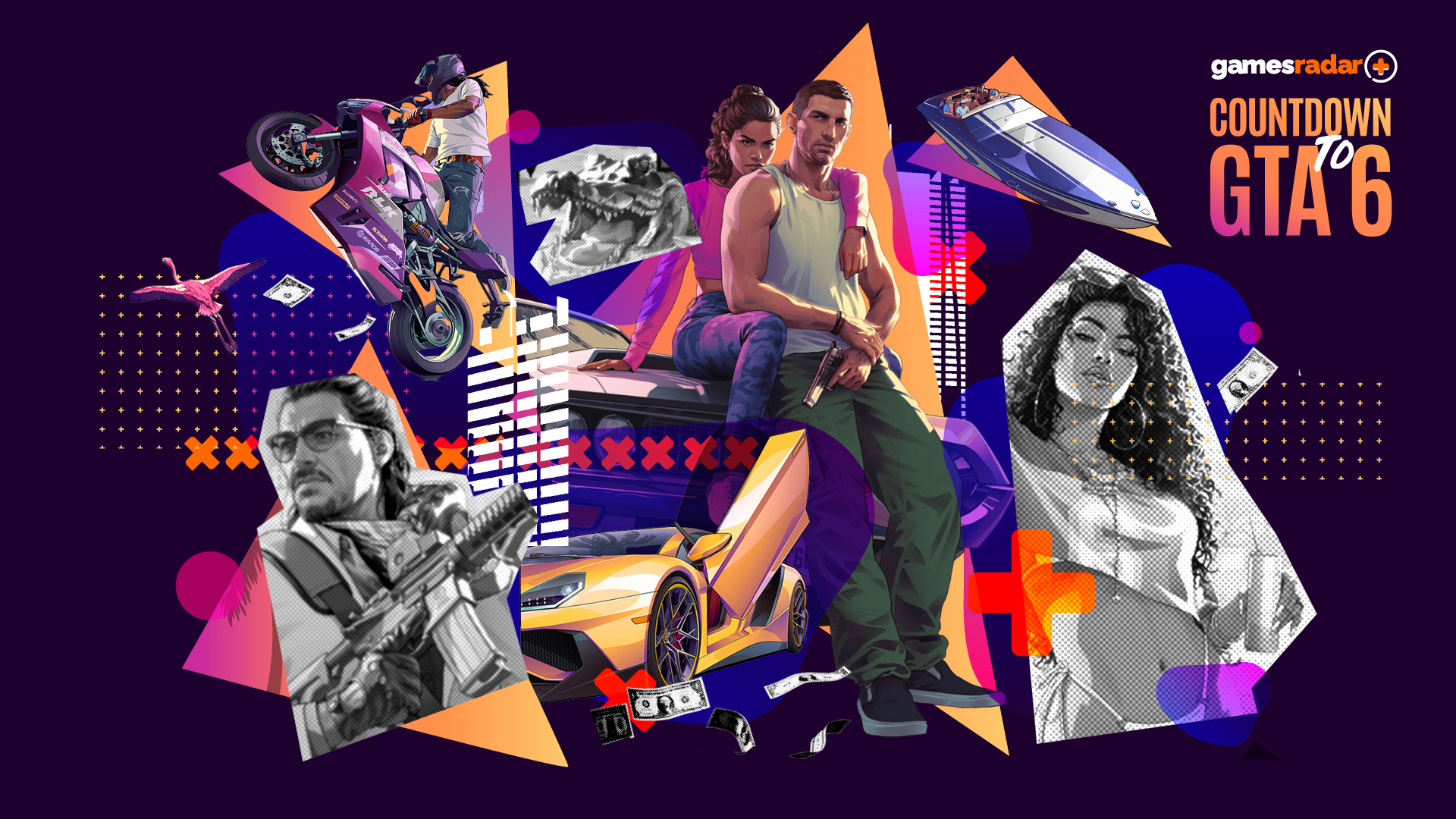 صورة مركبة تعرض أعمالًا فنية من GTA 6 لصفحة GamesRadar للعد التنازلي للعبة GTA 6