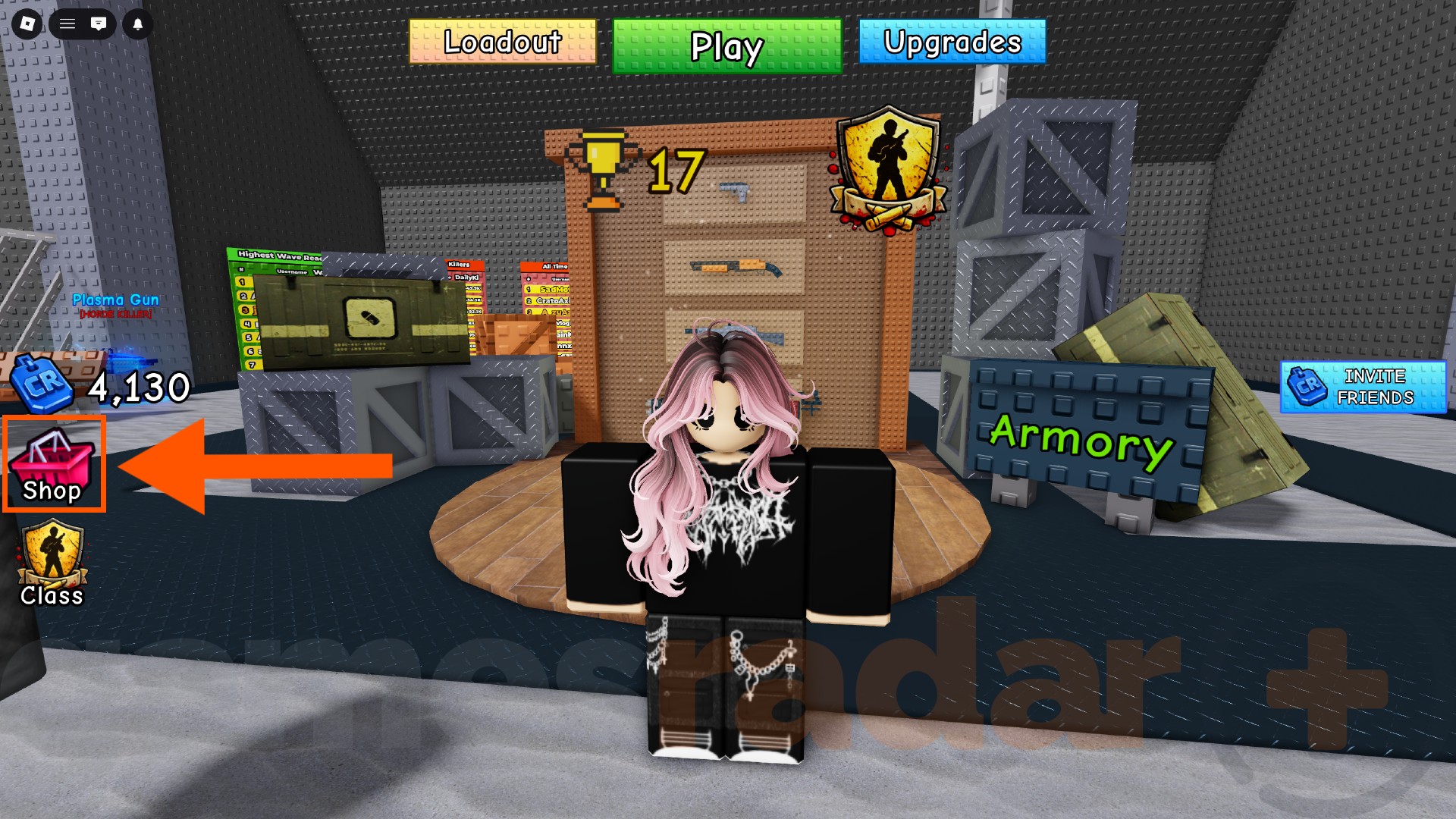 سهم برتقالي يشير إلى زر المتجر حيث يمكنك استبدال أكواد Survive Zombie Arena