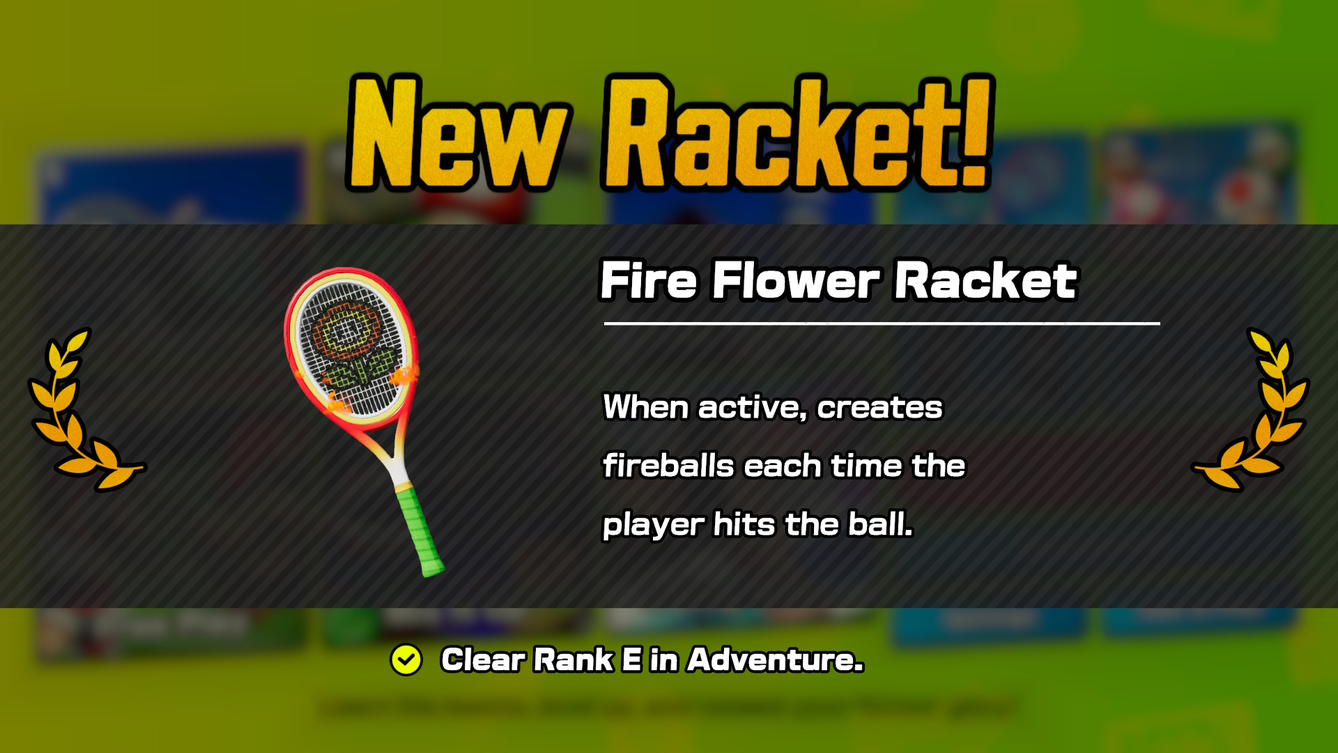 لقطة شاشة من لعبة Mario Tennis Fever تُظهر شاشة مضرب جديد