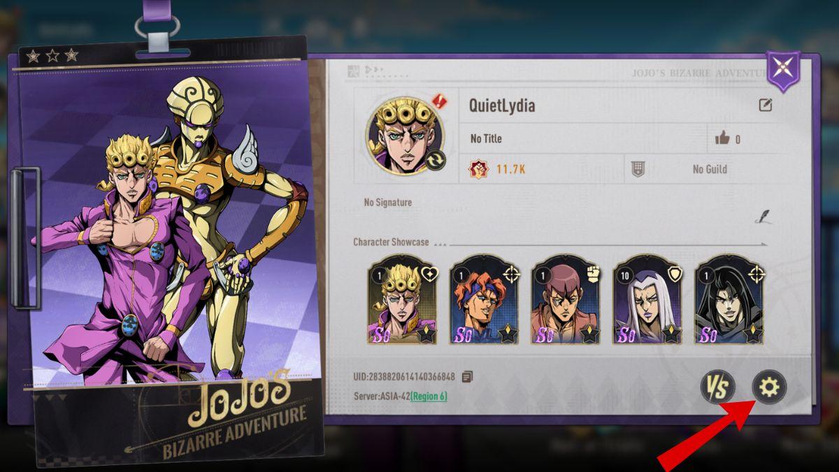 قائمة الإعدادات في Jojo's Bizarre Adventure Golden Spirits