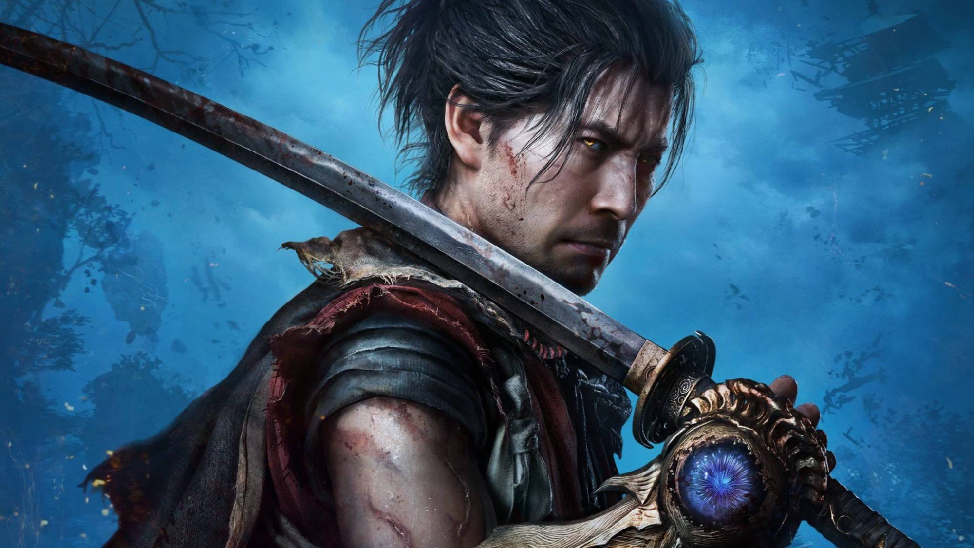 صورة فنية رئيسية للعبة Onimusha: Way of the Sword تُظهر البطل، مياموتو موساشي