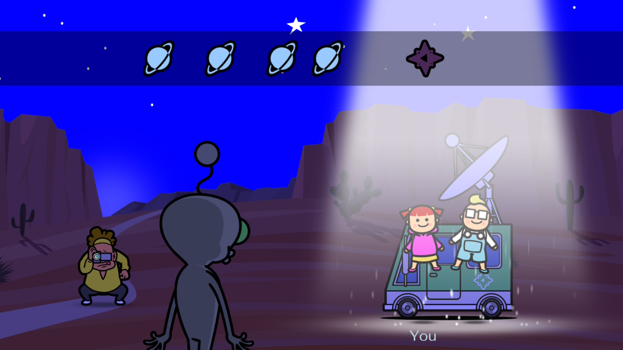 شخصان يطفوان داخل شعاع جاذب أمام شاحنتهما في لعبة Rhythm Heaven Groove بينما يتحدثان مع كائن فضائي، ويقوم شخص آخر بتصوير المشهد بكاميرا محمولة.