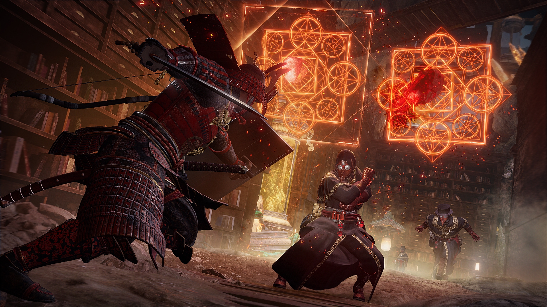 لقطة شاشة من لعبة Nioh 3: Hell Rising تُظهر البطل يرتدي درع الساموراي، يندفع نحو زوج من الأعداء الكيميائيين الذين يستعدون لإلقاء السحر.