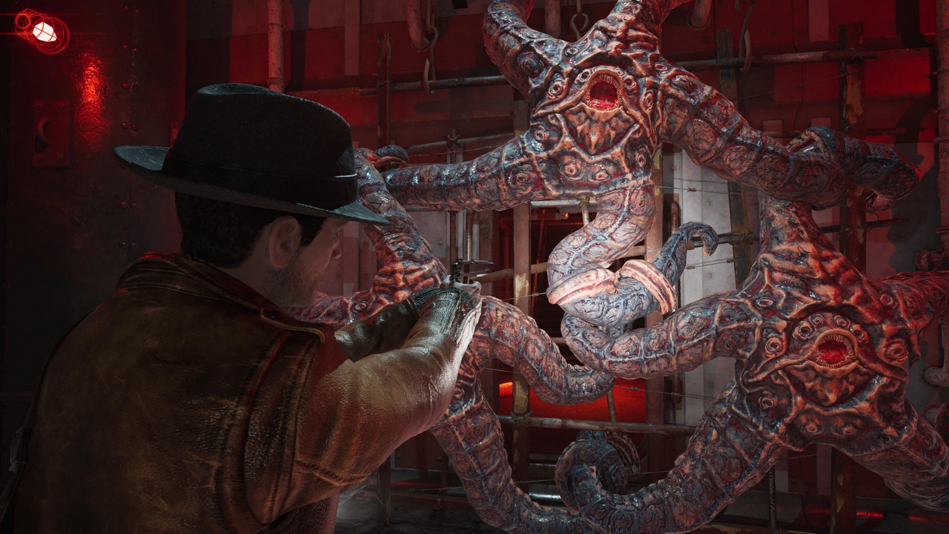 كالفن يصوب مسدسه نحو وحوش نجم البحر الغريبة في The Sinking City 2