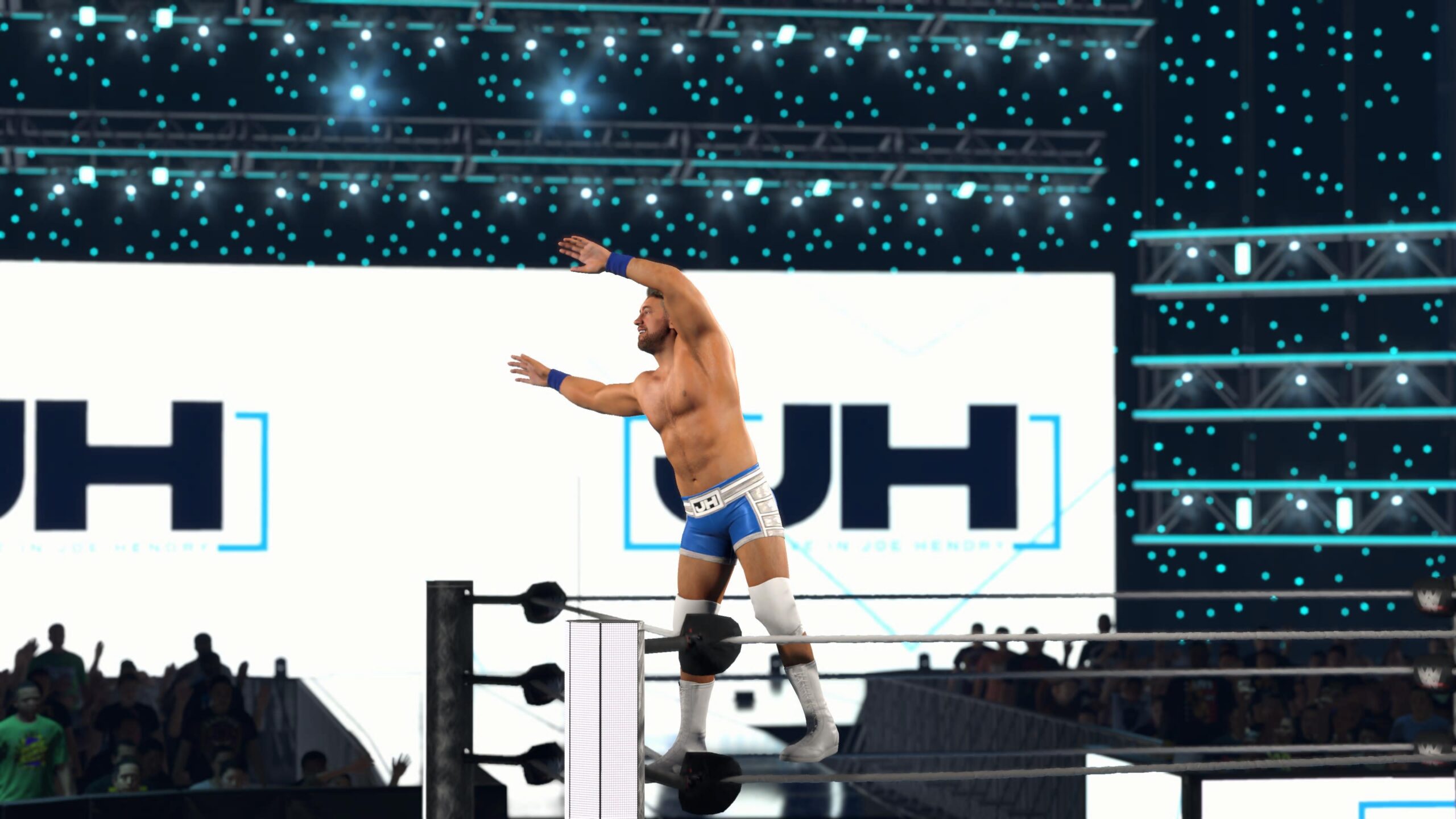 لقطات شاشة من داخل لعبة المصارعة WWE 2K26، تظهر المصارعين في الحلبة، وهم يدخلون، والساحة