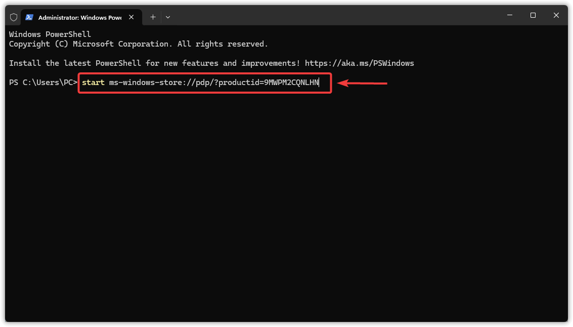 لقطة شاشة تظهر أمر فتح صفحة Gaming Services في Microsoft Store