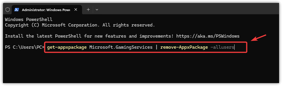 لقطة شاشة تظهر أمر إزالة حزمة Gaming Services في Windows Terminal
