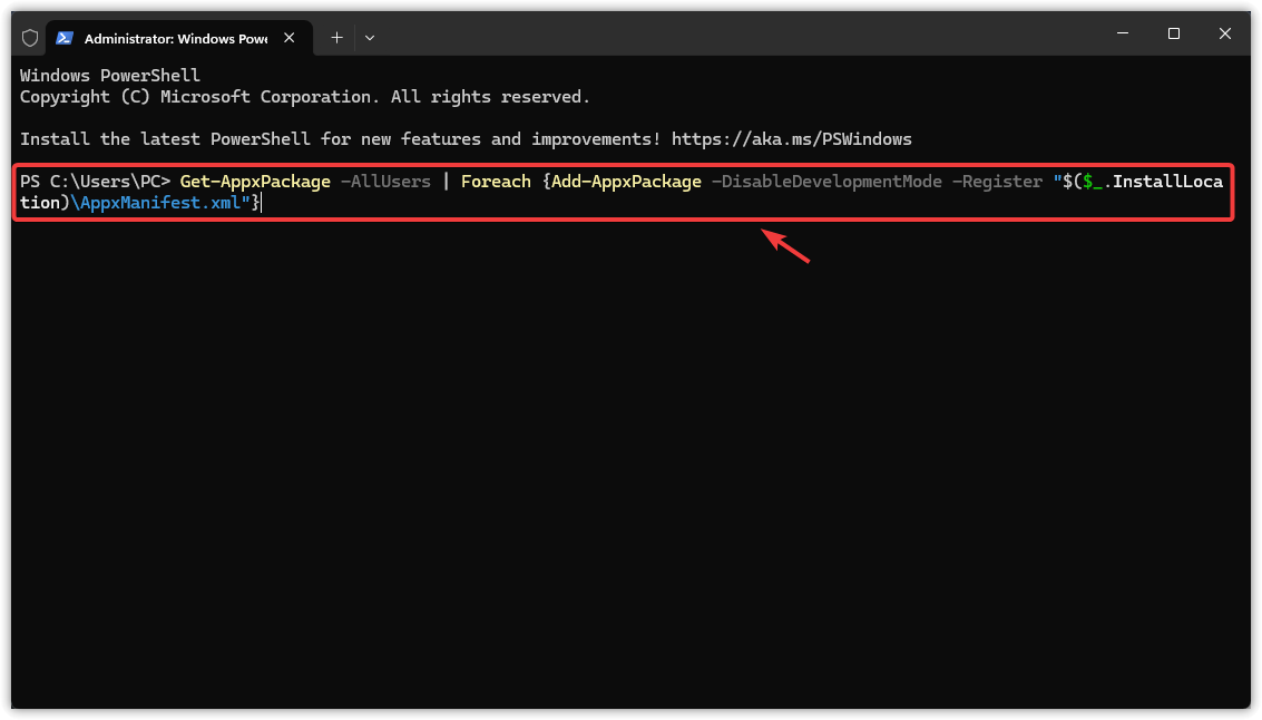 لقطة شاشة لأمر إعادة تسجيل حزم التطبيقات في Windows Terminal