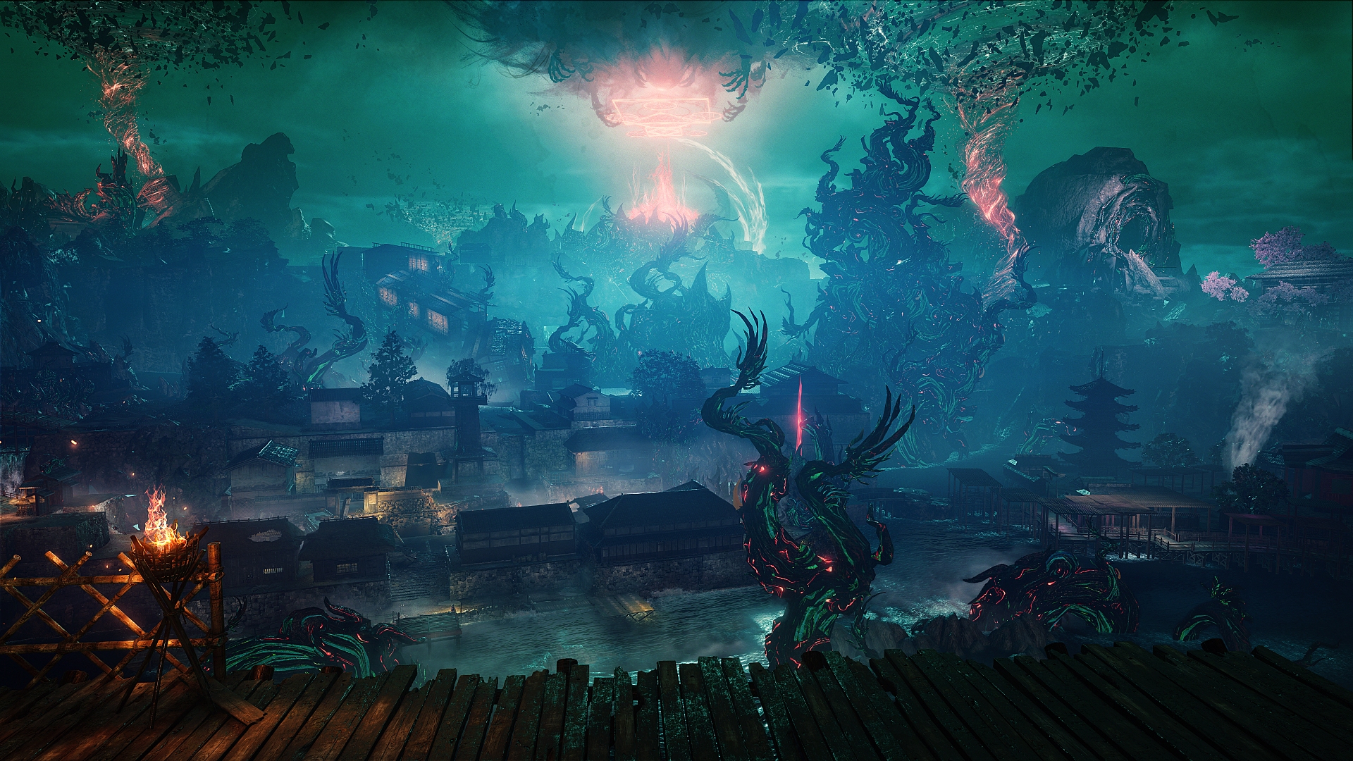 لقطة شاشة من Nioh 3: Hell Rising تُظهر إحدى المناطق المبكرة في المحتوى الإضافي (DLC): قرية غارقة بالمياه اجتاحتها كرمات شيطانية متوهجة.