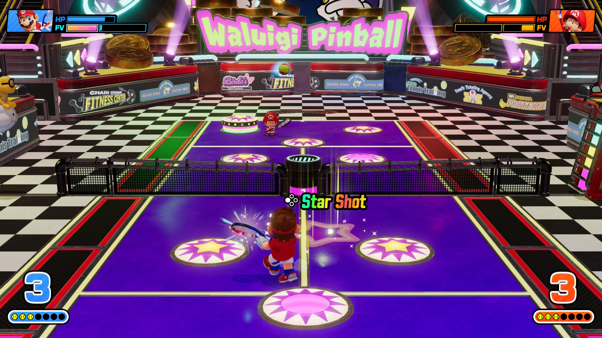 لقطة شاشة من Mario Tennis Fever تُظهر حركة التنس داخل الملعب