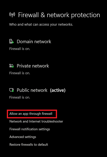 صورة توضح خيار Allow an app through firewall