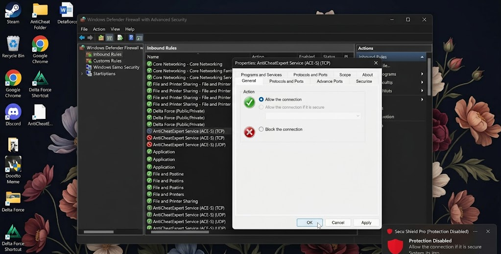 جدار حماية Windows Defender يسمح لـ Delta Force أو AntiCheatExpert بالمرور عبر قائمة قواعد جدار الحماية.
