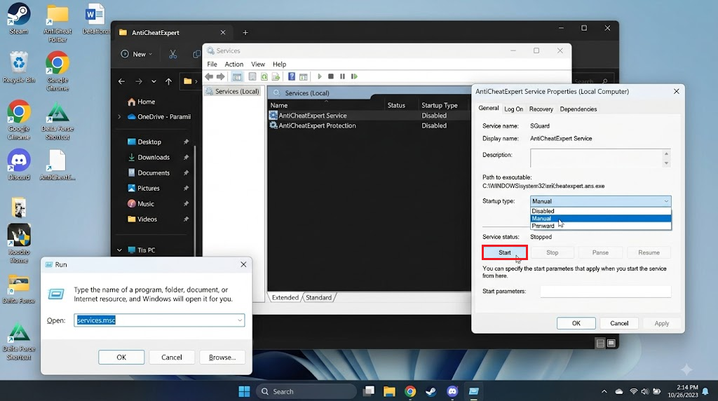 خدمات Windows تعرض خدمة AntiCheatExpert مع تعيين نوع بدء التشغيل على يدوي.