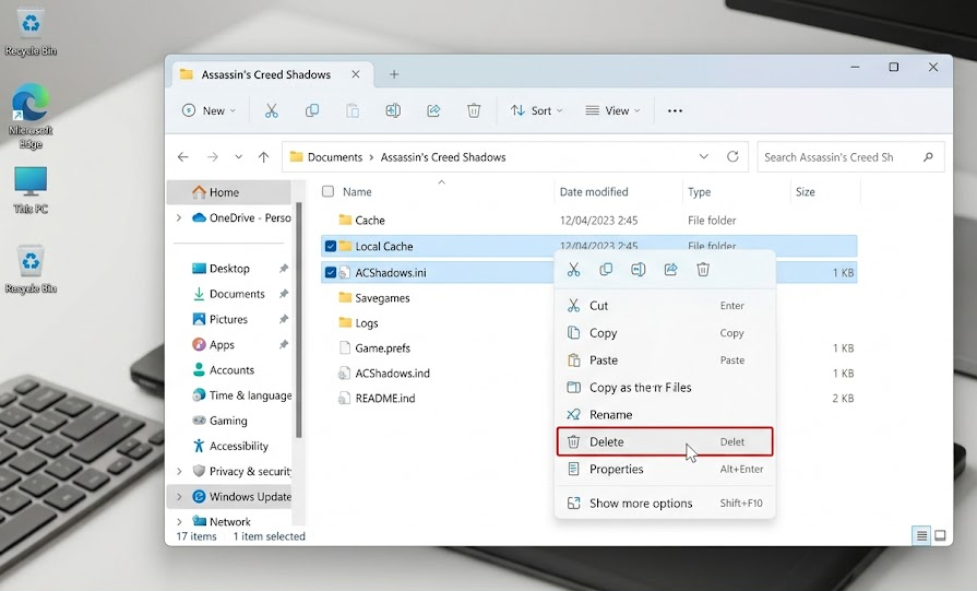مجلد Documents في Windows يحذف ملف ACShadows ini ومجلد cache للعبة Assassin's Creed Shadows.