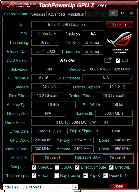 جهاز كمبيوتر يتحقق من تثبيت Assassin's Creed Shadows على قرص SSD وتفعيل ReBAR لبطاقة Intel Arc.