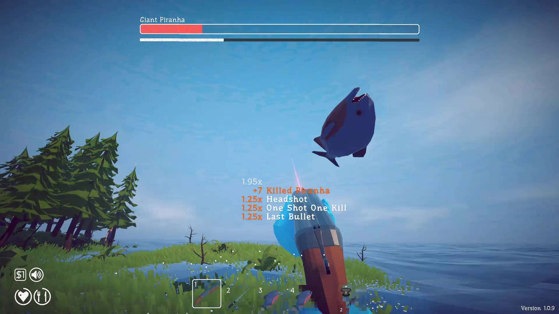 زعيم البيرانا العملاقة في لعبة How to Fish وهو يقفز في الهواء