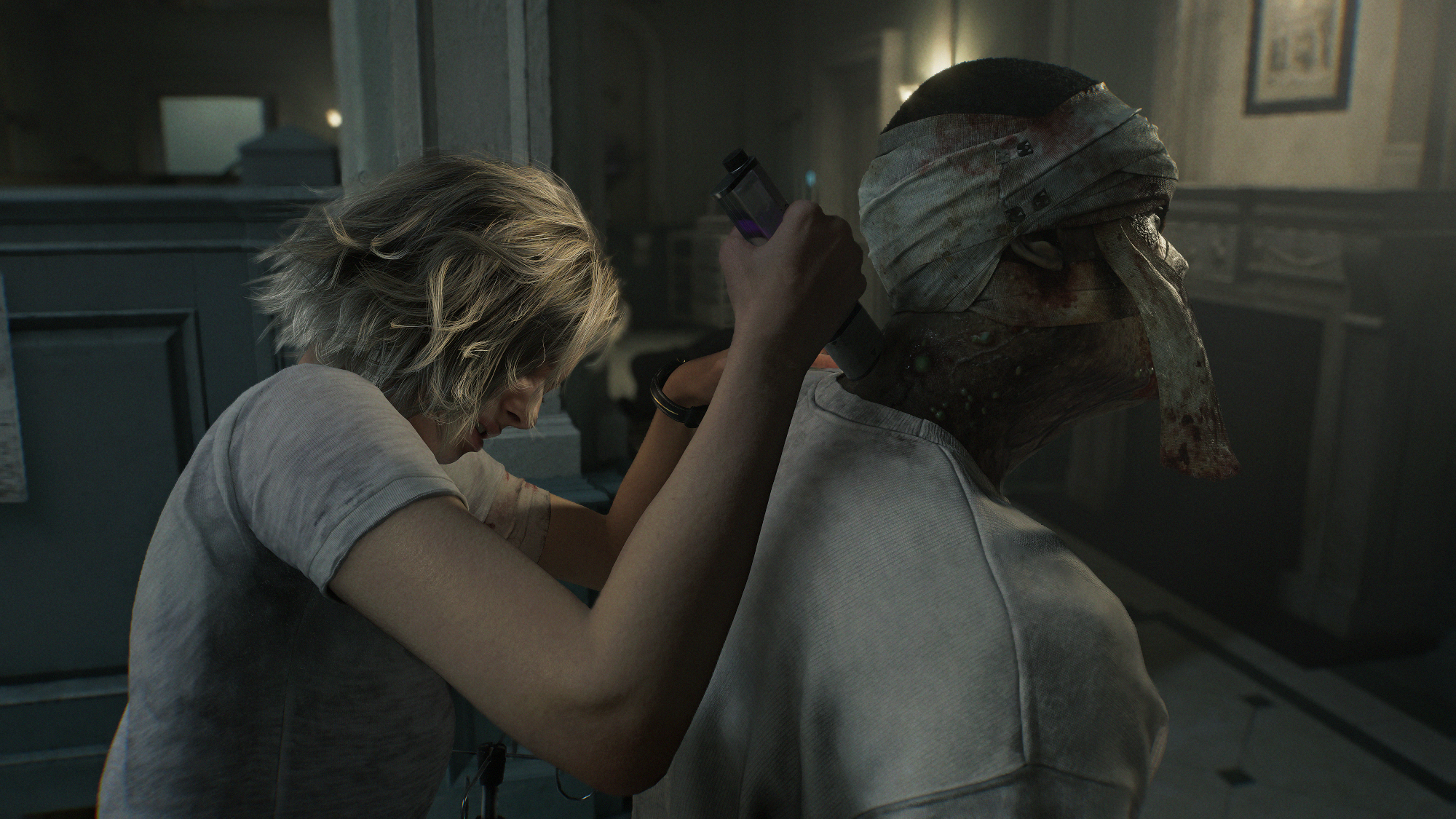 Resident Evil Requiem: جريس تهاجم زومبي من الخلف.