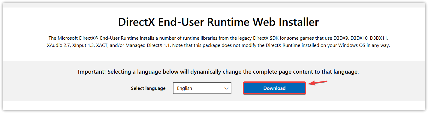 لقطة شاشة لمثبت DirectX End-User Runtime Web Installer