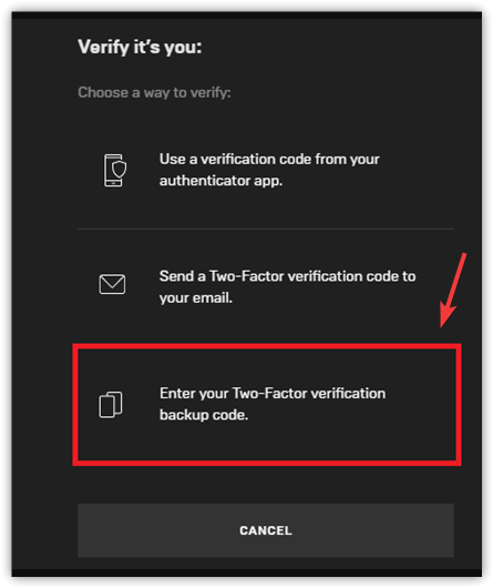 صورة توضح خيار استخدام رمز احتياطي في Epic Games