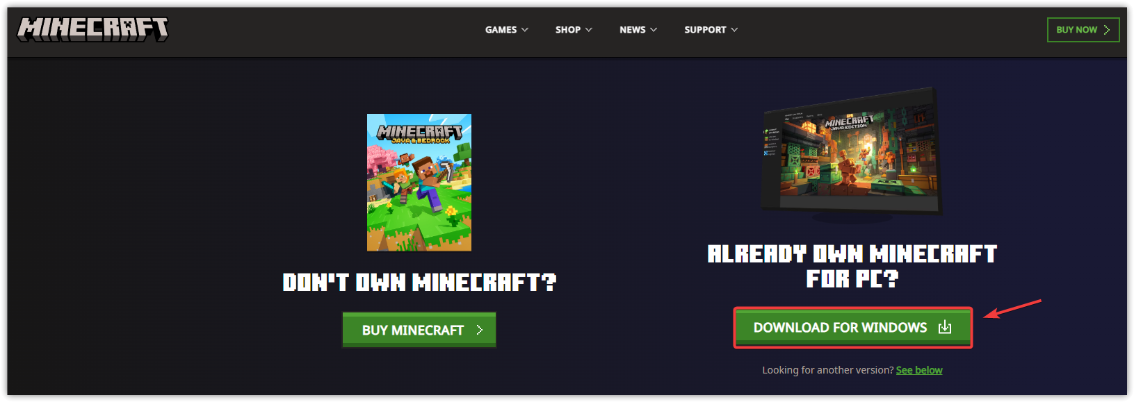 لقطة شاشة لصفحة تحميل Minecraft Launcher