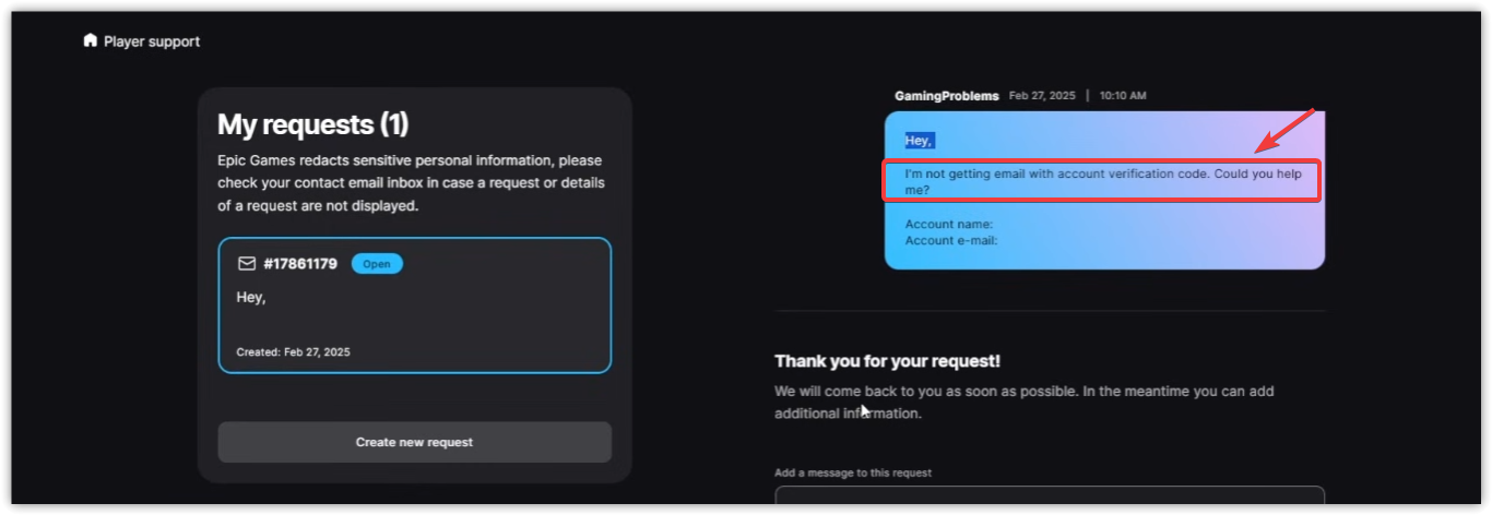 شاشة خيار الاتصال بنا في دعم Epic Games